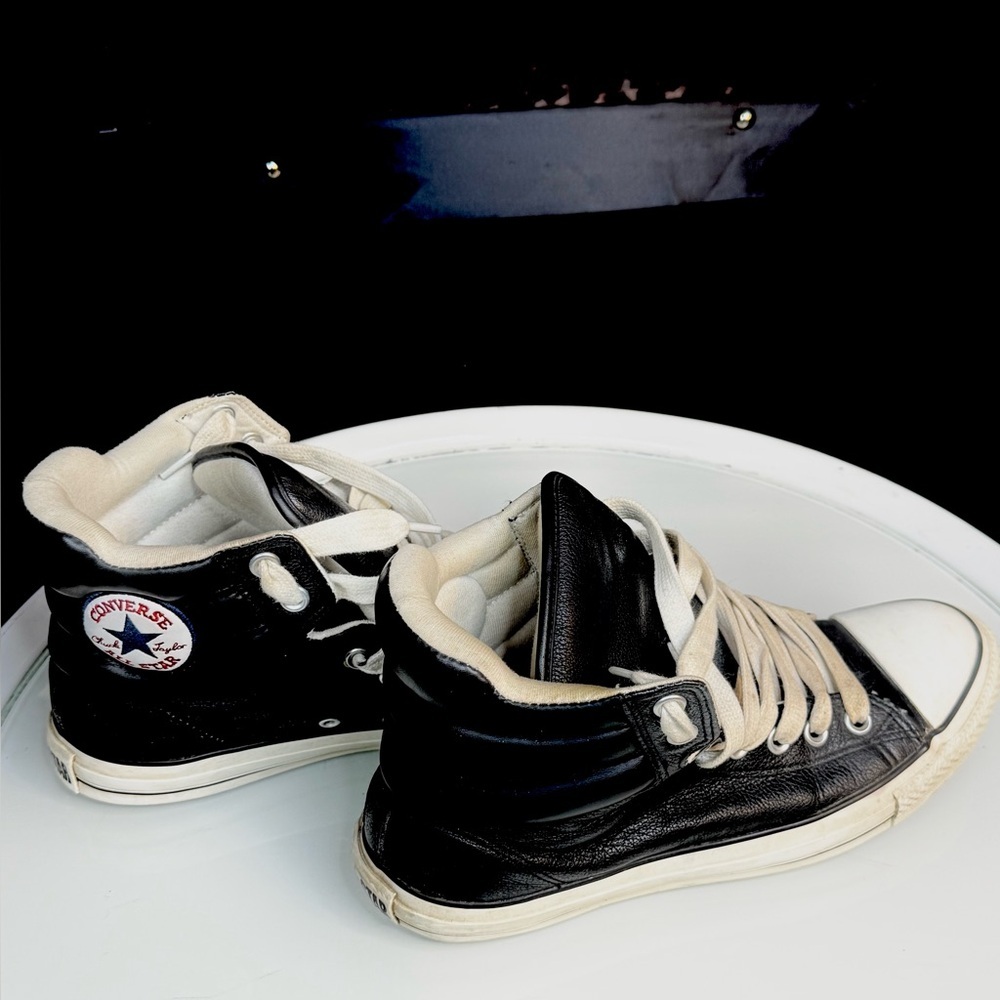 Converse Classic Black Leather and Cream High-Tops size 8 men’s 8.5 I would say